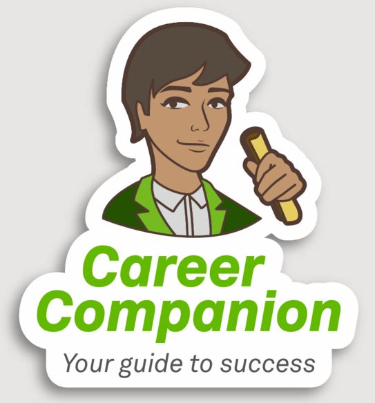 Career Companion logo, a person in a suit, holding a scroll in his hand and enthroned above the lettering “Career Companion - your guide to success”.